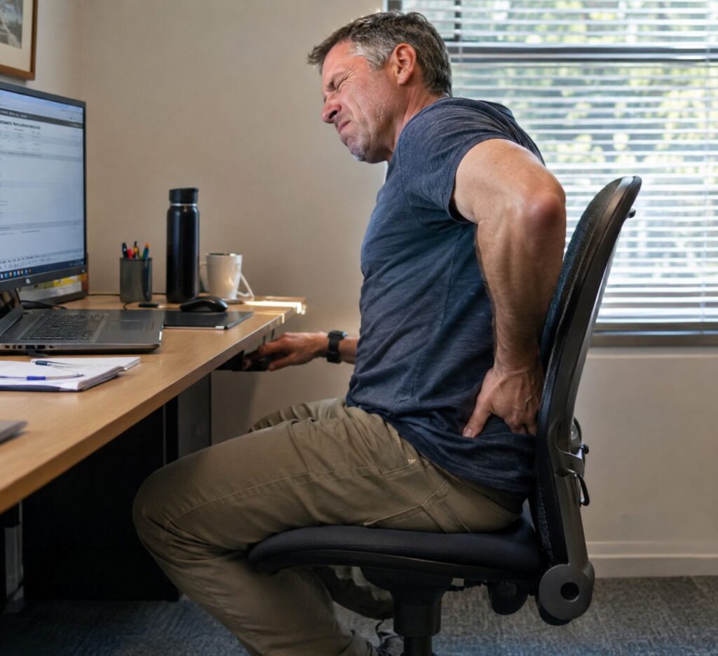 Person experiencing back pain while sitting in an office chair, Hunter region
